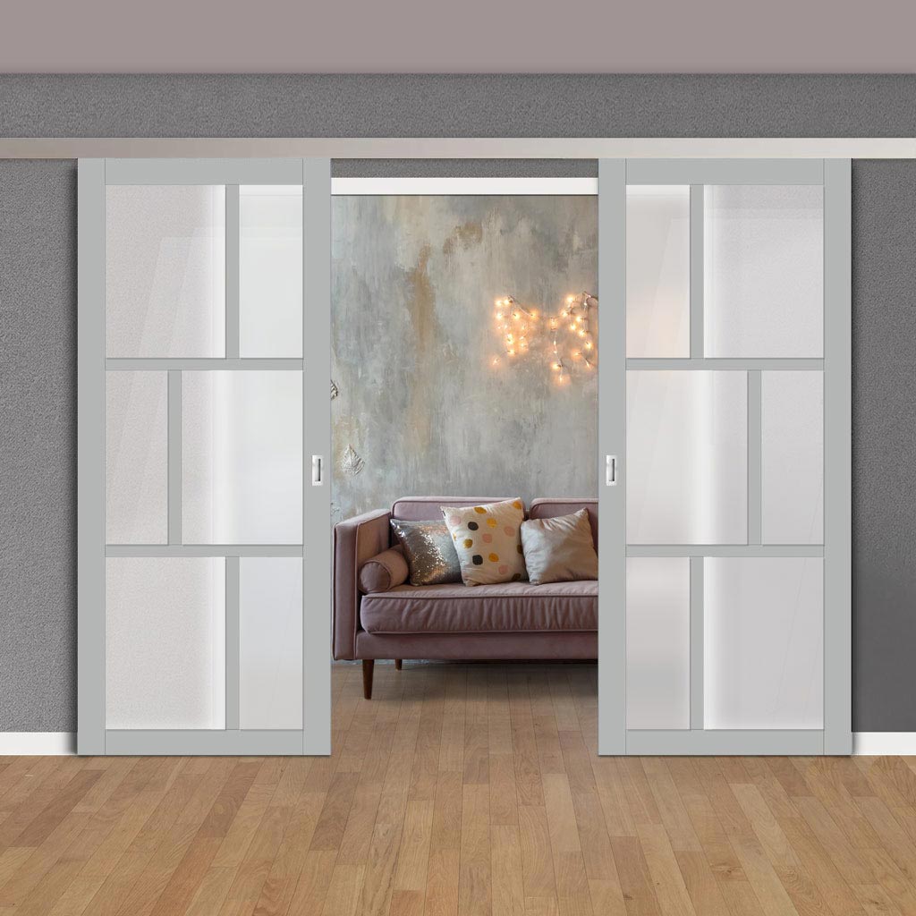 Double Sliding Door & Premium Wall Track - Eco-Urban® Milan 6 Pane Doors DD6422SG Frosted Glass - 6 Colour Options