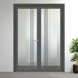 Image: Milano Solid Wood Internal Door Pair UK Made DD0101C Clear Glass - Stormy Grey Premium Primed - Urban Lite® Bespoke Sizes