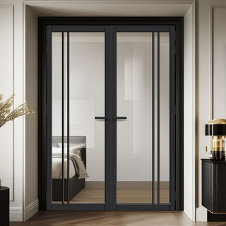 Image: Milano Solid Wood Internal Door Pair UK Made DD0101C Clear Glass - Shadow Black Premium Primed - Urban Lite® Bespoke Sizes