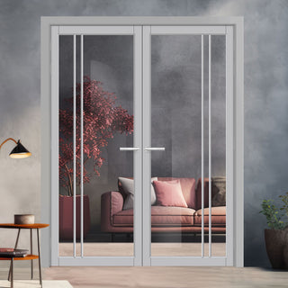 Image: Milano Solid Wood Internal Door Pair UK Made DD0101C Clear Glass - Mist Grey Premium Primed - Urban Lite® Bespoke Sizes