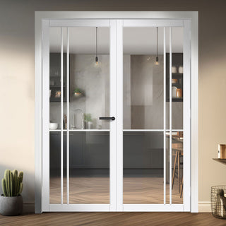 Image: Milano Solid Wood Internal Door Pair UK Made DD0101C Clear Glass - Cloud White Premium Primed - Urban Lite® Bespoke Sizes