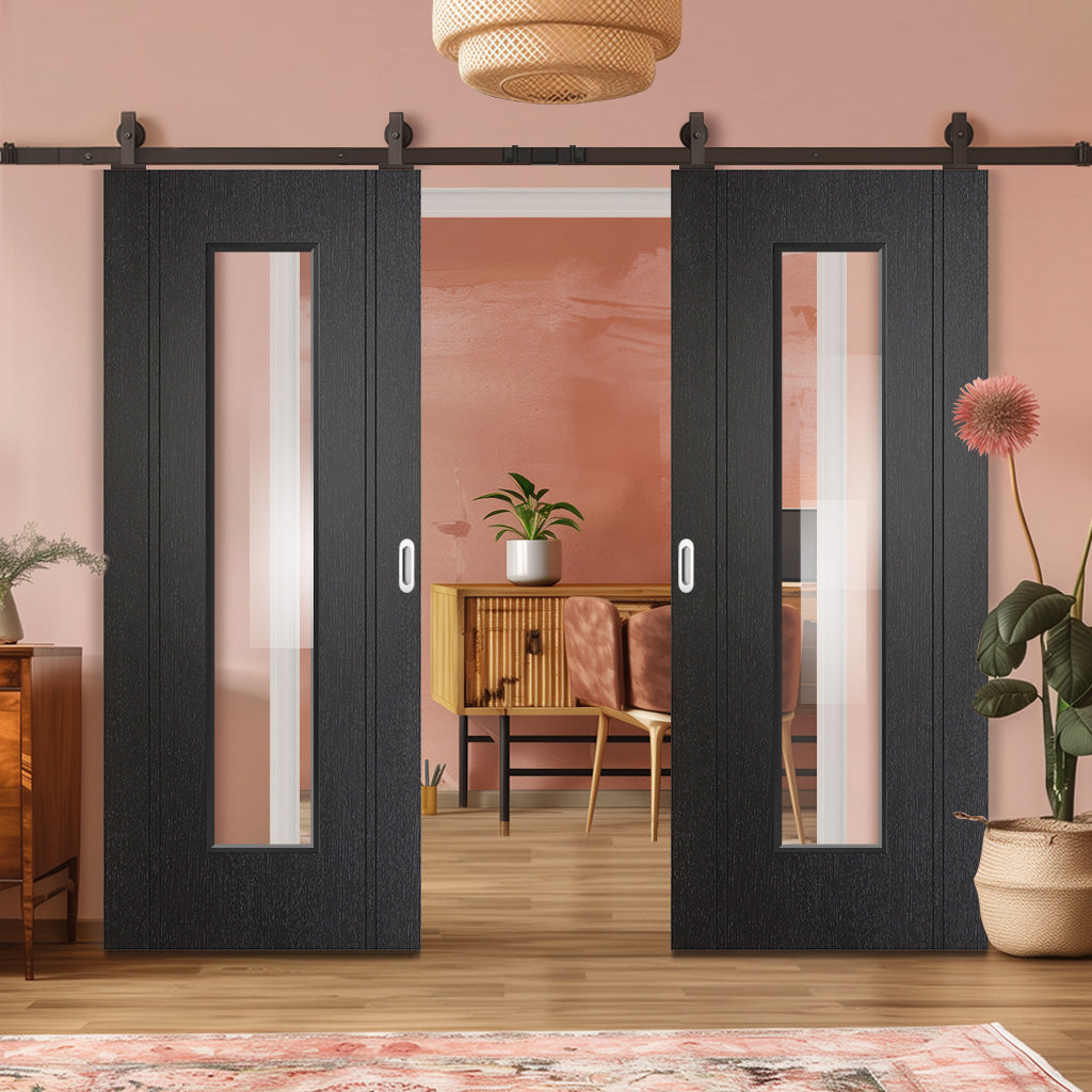 Top Mounted Black Sliding Track & Double Door - Monaco Black Internal Door - Clear Glass - Laminated