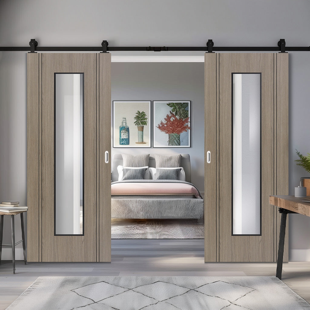 Top Mounted Black Sliding Track & Double Door - Monaco Flush Light Grey Internal Door with Contrasting Lines - Clear Glass - Laminated