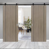 Top Mounted Black Sliding Track & Double Door - Monaco Flush Light Grey Internal Door with Contrasting Lines - Laminated