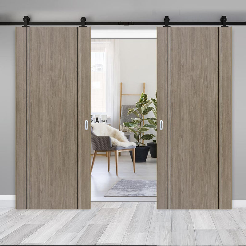 Top Mounted Black Sliding Track & Double Door - Monaco Flush Light Grey Internal Door with Contrasting Lines - Laminated