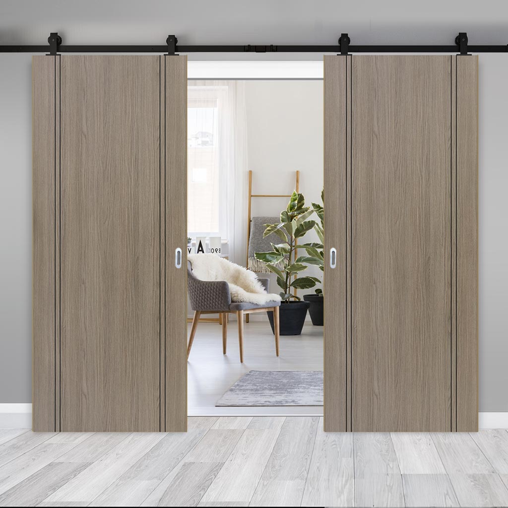 Top Mounted Black Sliding Track & Double Door - Monaco Flush Light Grey Internal Door with Contrasting Lines - Laminated