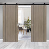 Top Mounted Black Sliding Track & Double Door - Monaco Flush Light Grey Internal Door with Contrasting Lines - Laminated