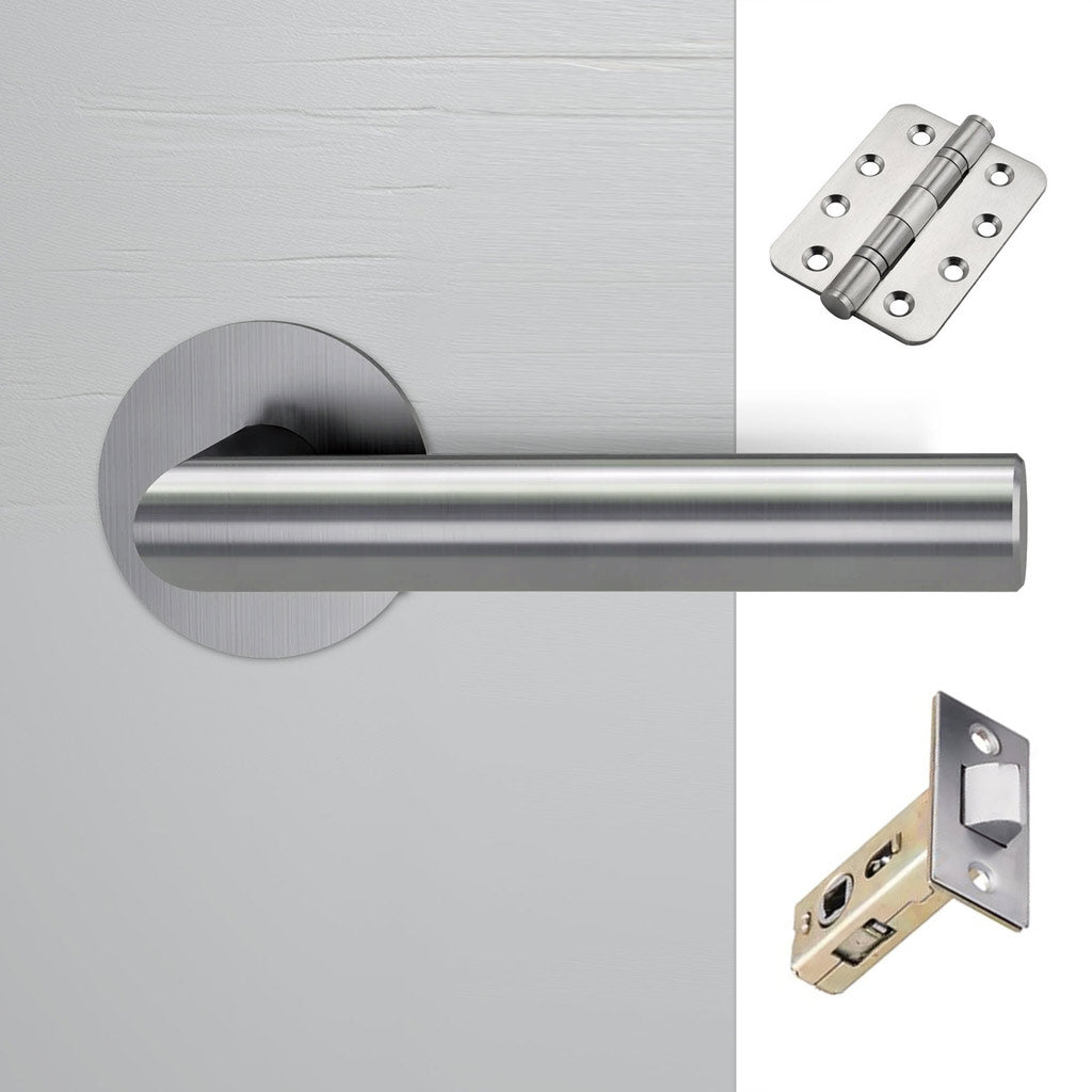 Monroe Door Lever Handle Pack - 4 Radius Cornered Hinges - Satin Stainless Steel