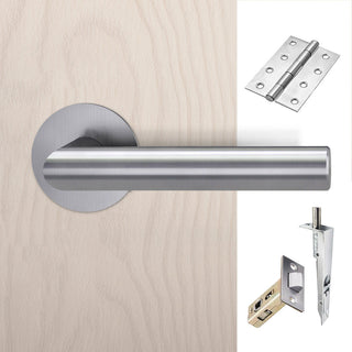 Image: Monroe Double Door Lever Handle Pack - 6 Square Hinges - Satin Stainless Steel - Combo Handle and Accessory Pack