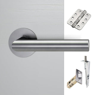Image: Monroe Double Door Lever Handle Pack - 8 Radius Cornered Hinges - Satin Stainless Steel - Combo Handle and Accessory Pack