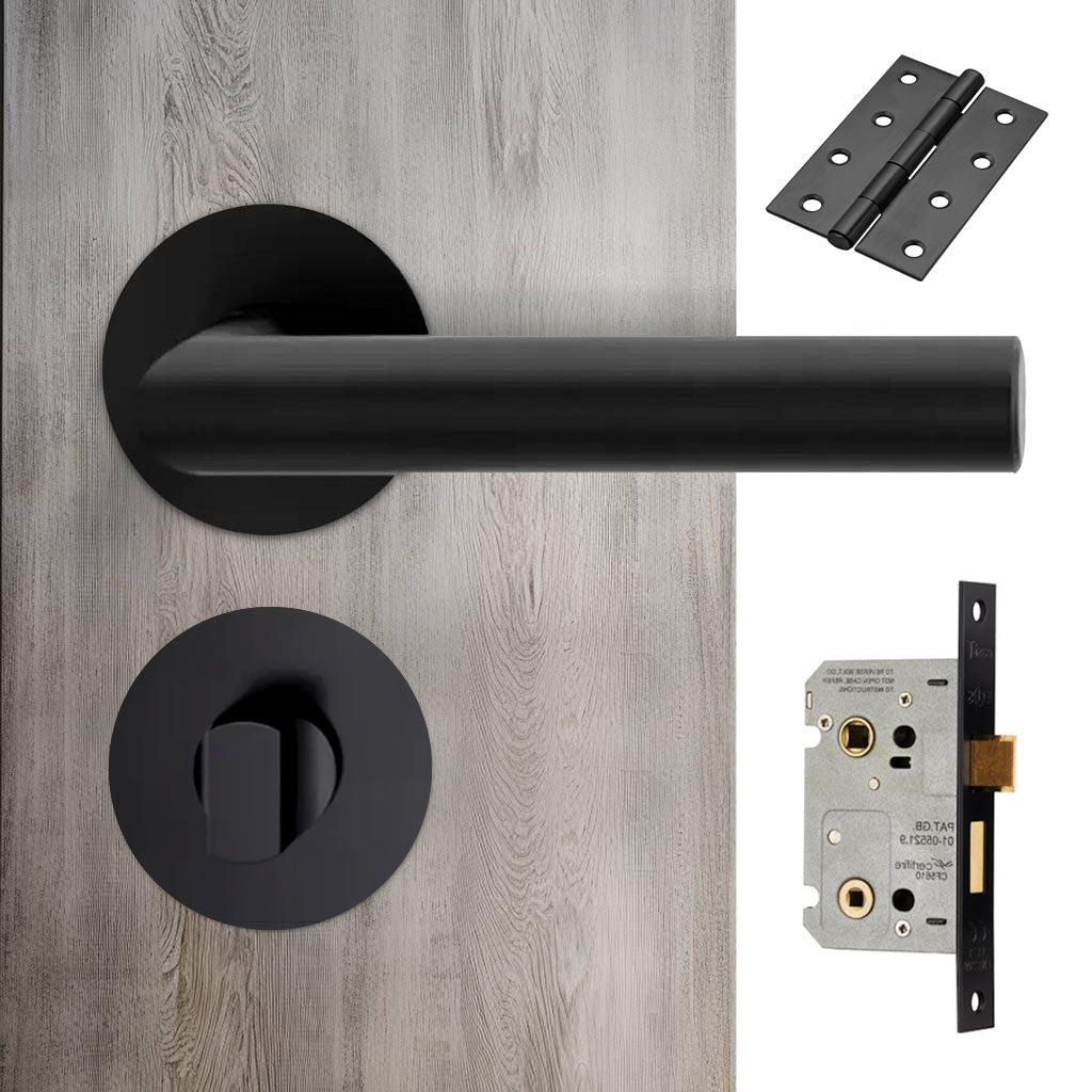 Monroe Door Lever Bathroom Handle Pack - 3 Square Hinges - Matt Black