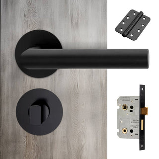 Image: Monroe Door Lever Bathroom Handle Pack - 3 Radius Cornered Hinges - Matt Black