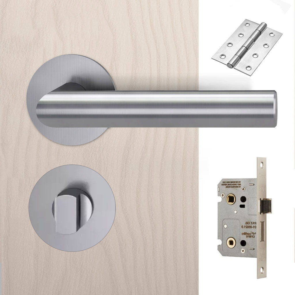 Monroe Door Lever Bathroom Handle Pack - 3 Square Hinges - Satin Stainless Steel