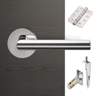 Image: Monroe Double Door Lever Handle Pack - 8 Radius Cornered Hinges - Polished Stainless Steel - Combo Handle and Accessory Pack