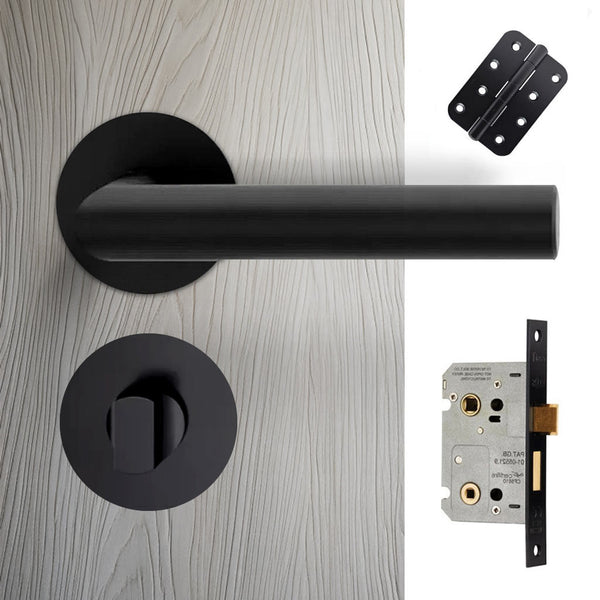 Monroe Door Lever Bathroom Handle Pack - 3 Radius Cornered Hinges - Matt Black