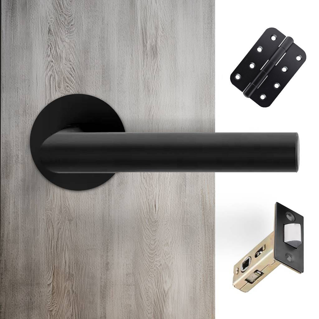 Monroe Door Lever Handle Pack - 3 Radius Cornered Hinges - Matt Black