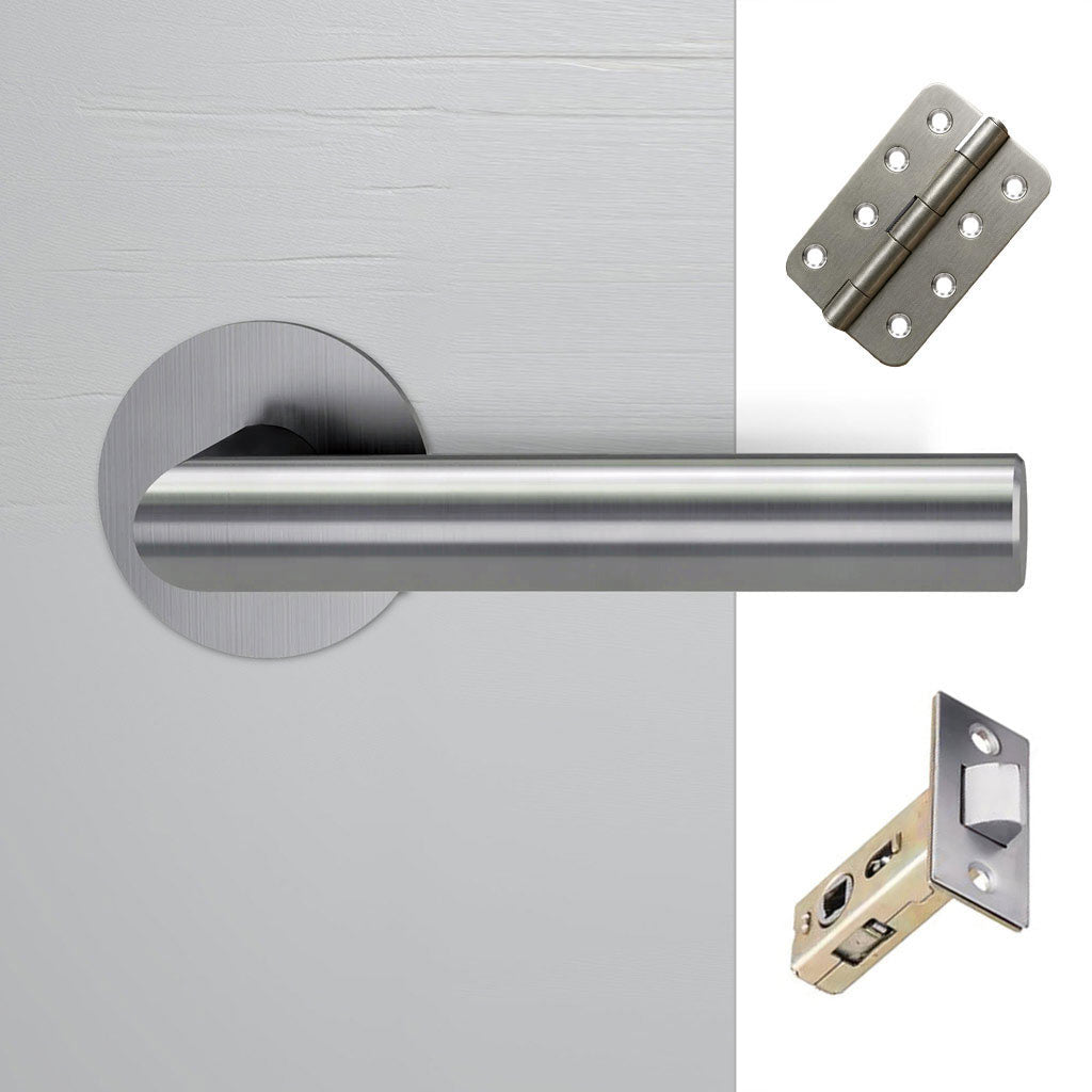 Monroe Door Lever Handle Pack - 3 Radius Cornered Hinges - Satin Stainless Steel