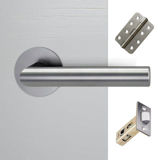 Image: Monroe Door Lever Handle Pack - 3 Radius Cornered Hinges - Satin Stainless Steel