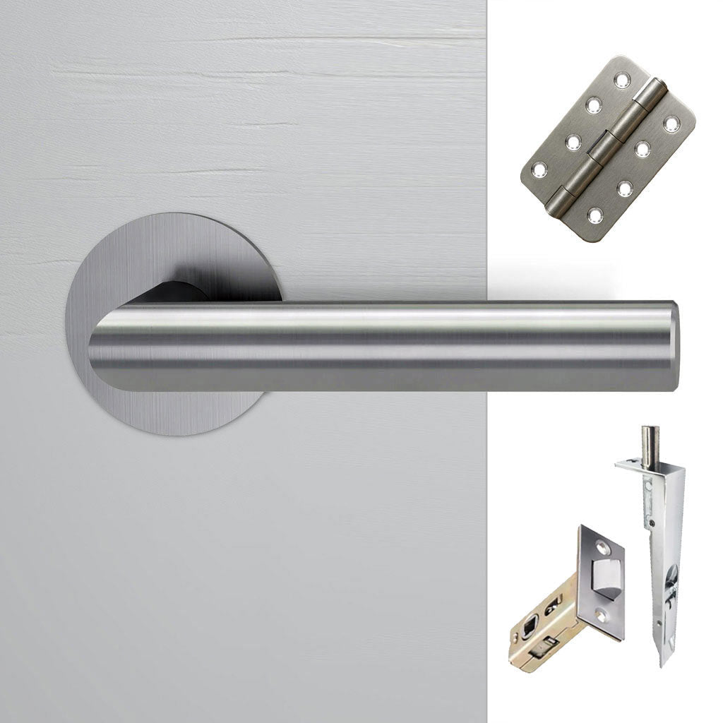 Monroe Double Door Lever Handle Pack - 6 Radius Cornered Hinges - Satin Stainless Steel - Combo Handle and Accessory Pack