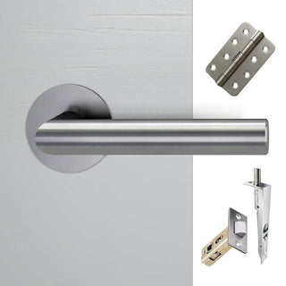 Image: Monroe Double Door Lever Handle Pack - 6 Radius Cornered Hinges - Satin Stainless Steel - Combo Handle and Accessory Pack