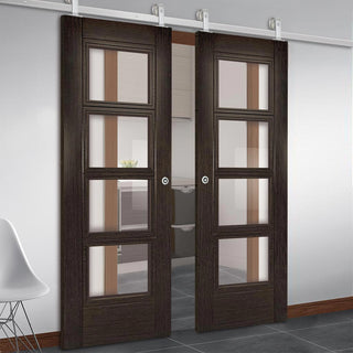 Image: Top Mounted Stainless Steel Sliding Track & Montreal Prefinished Dark Grey Ash Double Door - Clear Glass