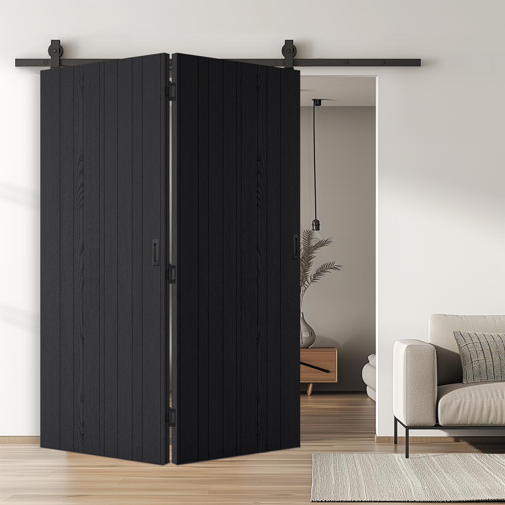 Black Painted MDF Modern Bi-Fold Double Barn Door with Sliding Hardware Kit