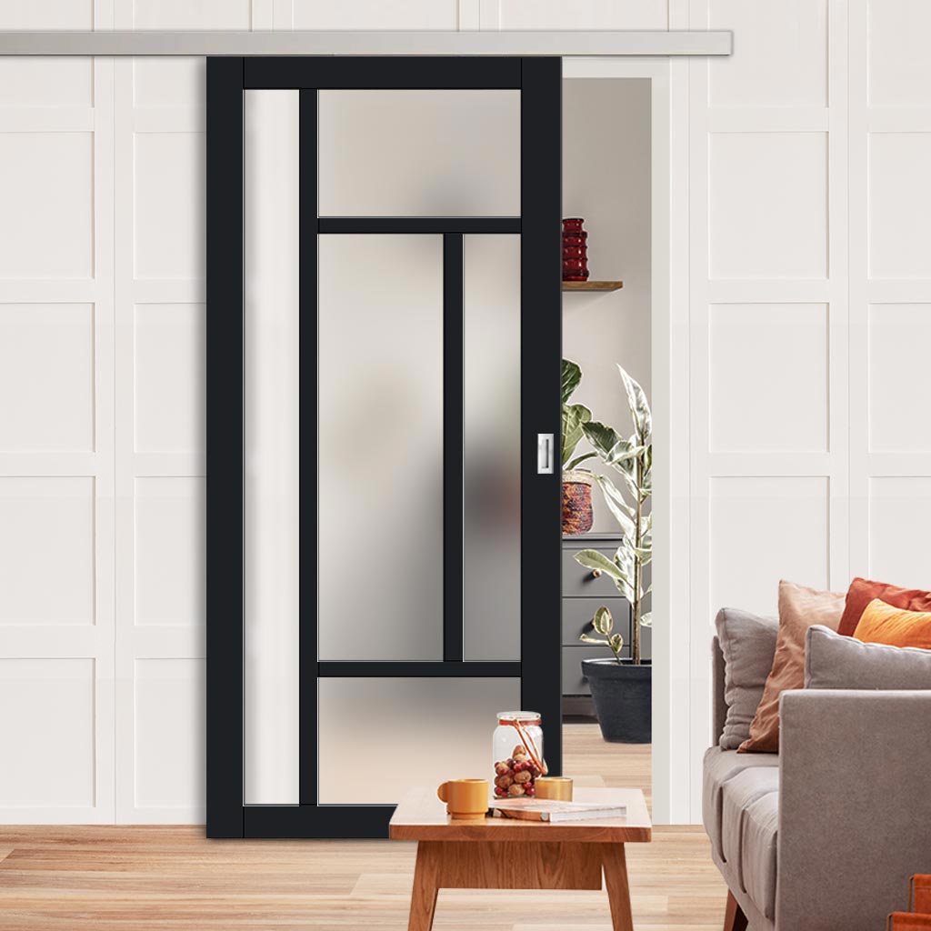Single Sliding Door & Premium Wall Track - Eco-Urban® Morningside 5 Pane Door DD6437SG Frosted Glass - 6 Colour Options