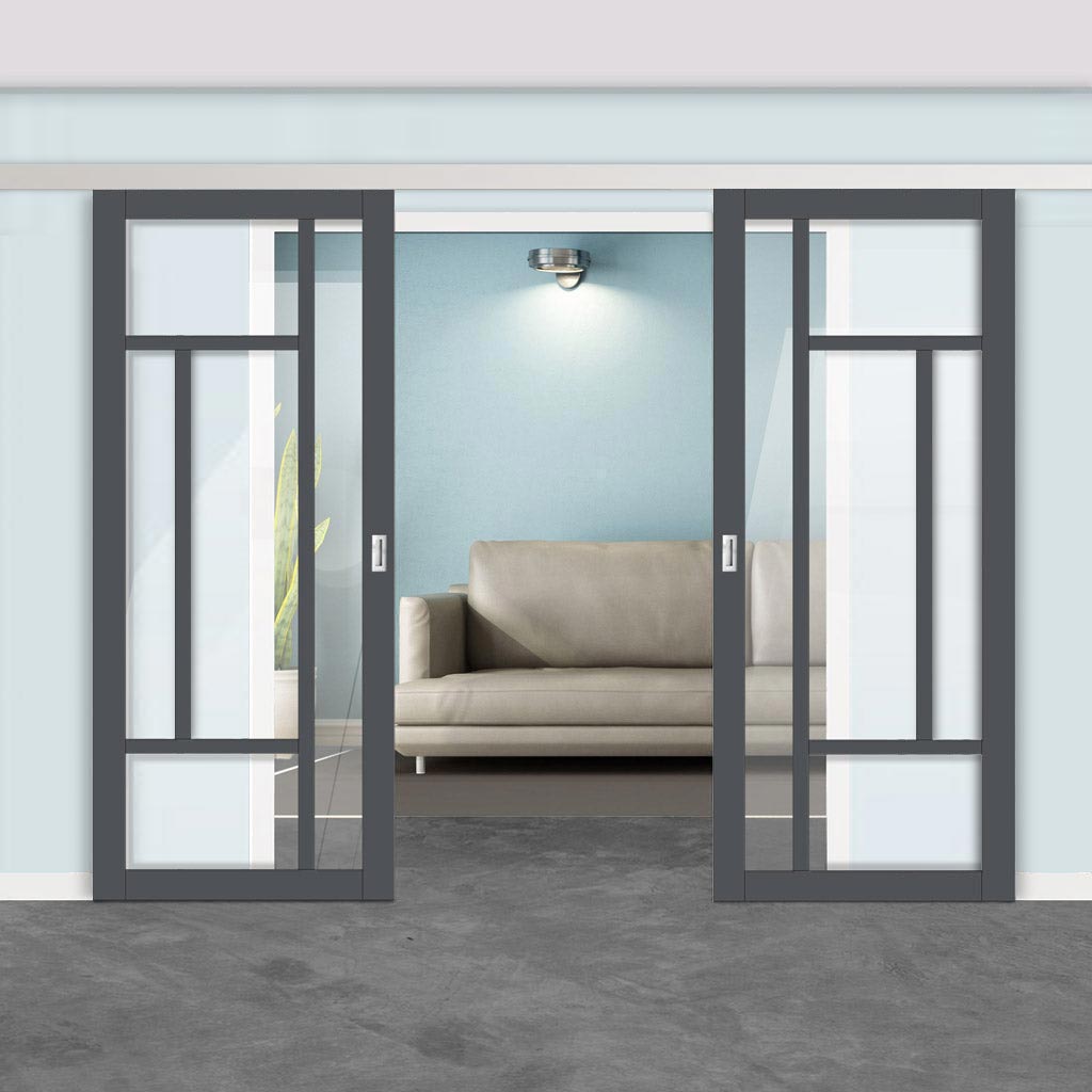 Double Sliding Door & Premium Wall Track - Eco-Urban® Morningside 5 Pane Doors DD6437G Clear Glass - 6 Colour Options