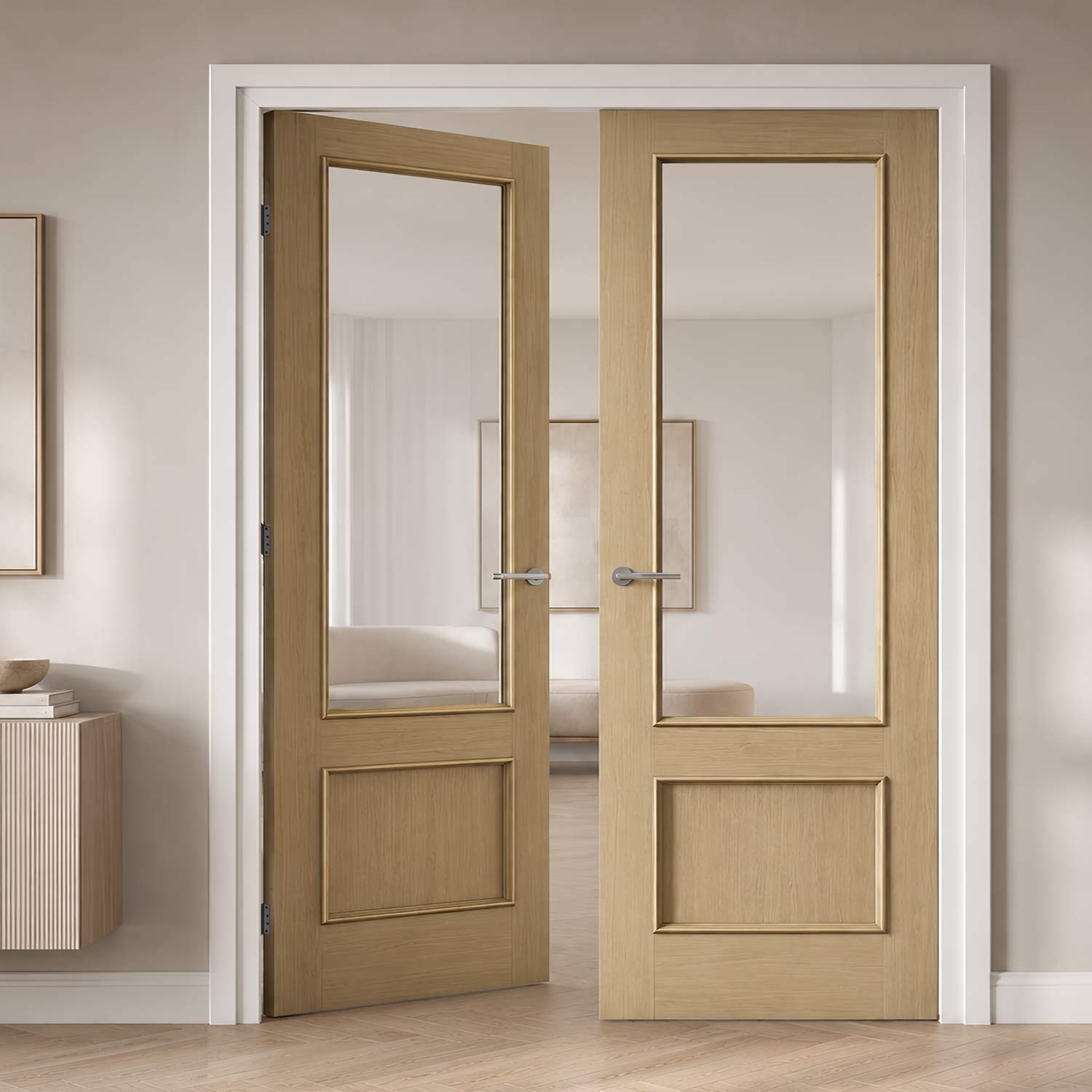 Double Door　～室内扉～ Murcia Oak Panel Internal Door Pair - Clear Glass - Prefinished