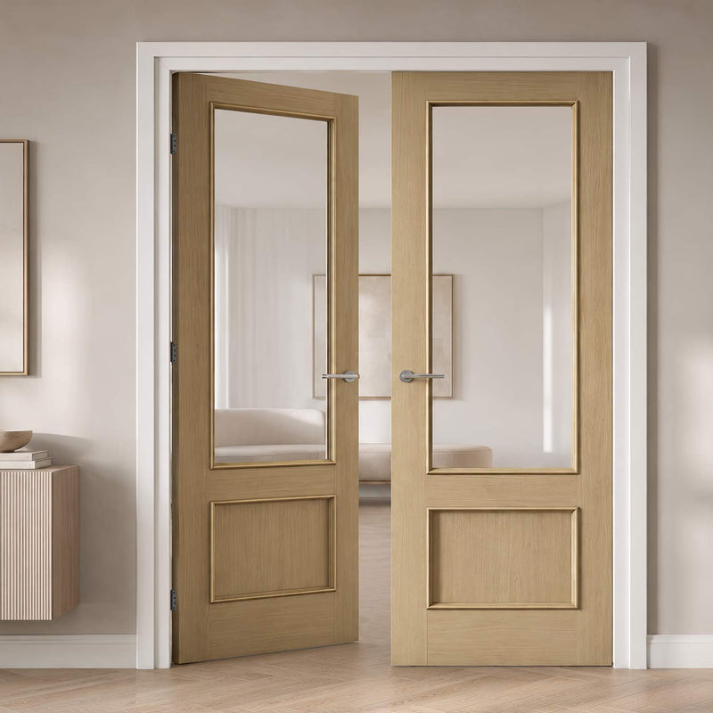 Murcia Oak Panel Internal Door Pair - Clear Glass - Prefinished