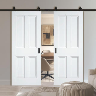 Image: Top Mounted Black Sliding Track & Double Door - Nostalgia 4 Panel White Primed Internal Door - Unfinished