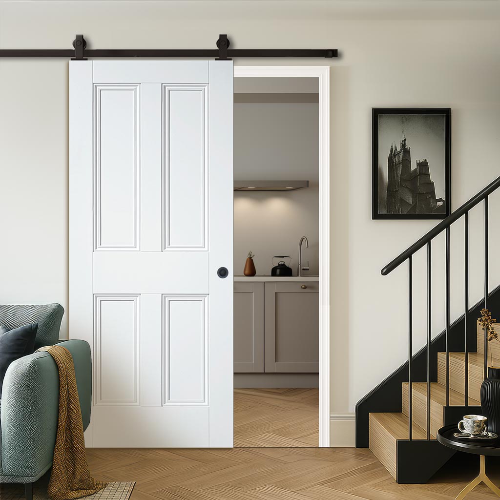 Top Mounted Black Sliding Track & Door - Nostalgia 4 Panel White Primed Internal Door - Unfinished