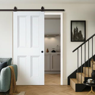 Image: Top Mounted Black Sliding Track & Door - Nostalgia 4 Panel White Primed Internal Door - Unfinished