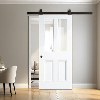 Image: Top Mounted Black Sliding Track & Door - Nostalgia Malton White Primed Internal Door - Unglazed