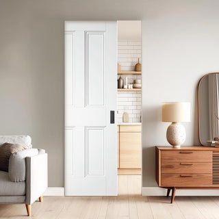 Image: Nostalgia 4 Panel White Primed Single Absolute Evokit Pocket Door - Unfinished