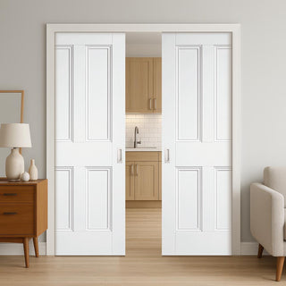 Image: Nostalgia 4 Panel White Primed Double Evokit Pocket Door - Unfinished