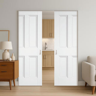 Image: Nostalgia 4 Panel White Primed Double Absolute Evokit Pocket Door - Unfinished