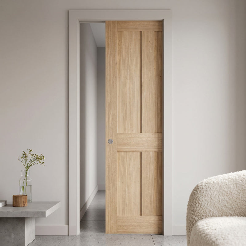 Value Single Evokit Pocket Door - Victorian 4 Panel Oak Shaker Internal - Unfinished