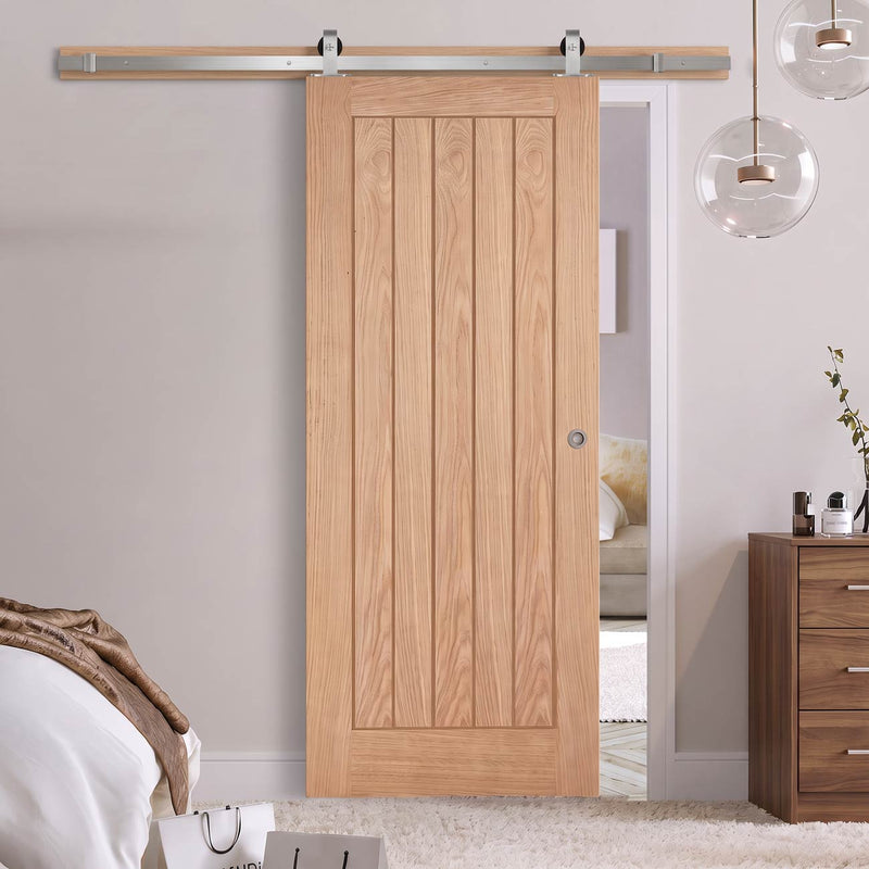 Top Mounted Stainless Steel Sliding Track & Door - Belize Oak Door - Unfinished
