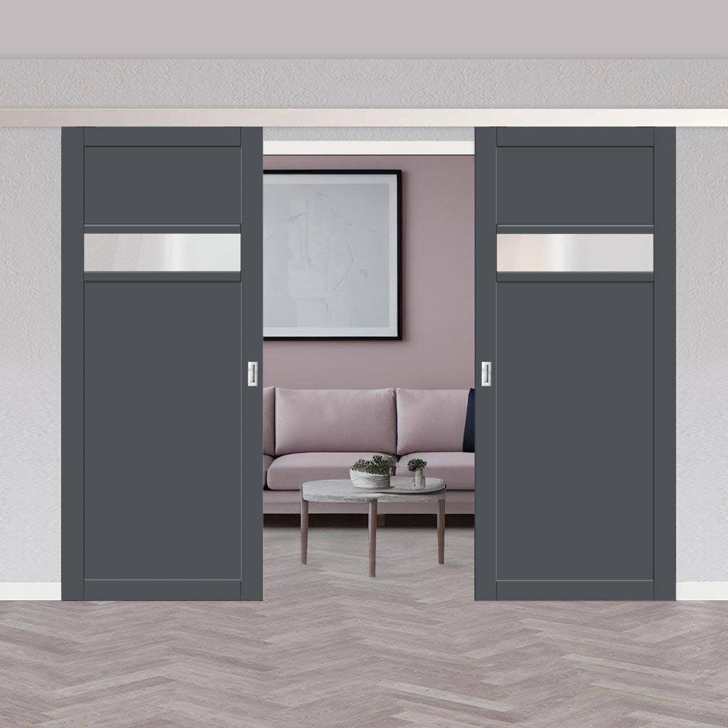 Double Sliding Door & Premium Wall Track - Eco-Urban® Orkney 1 Pane 2 Panel Doors DD6403SG Frosted Glass - 6 Colour Options