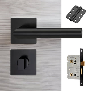 Image: Orlando Door Lever Bathroom Handle Pack - 3 Radius Cornered Hinges - Matt Black