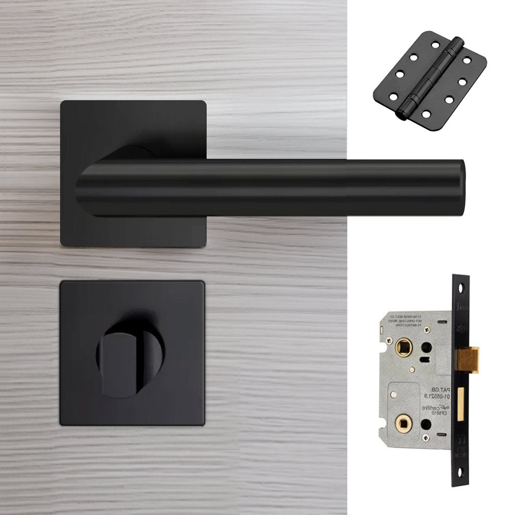 Orlando Door Lever Bathroom Handle Pack - 4 Radius Cornered Hinges - Matt Black