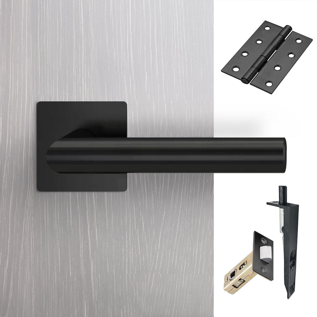 Orlando Double Door Lever Handle Pack - 6 Square Hinges - Matt Black - Combo Handle and Accessory Pack