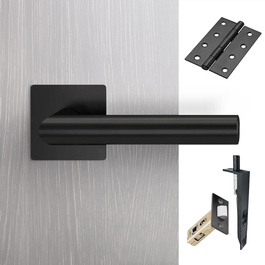 Orlando Double Door Lever Handle Pack - 8 Square Hinges - Matt Black - Combo Handle and Accessory Pack