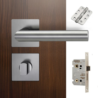 Image: Orlando Door Lever Bathroom Handle Pack - 3 Radius Cornered Hinges - Satin Stainless Steel