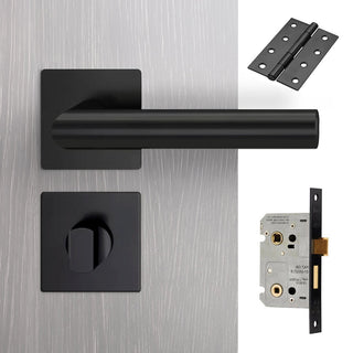 Image: Orlando Door Lever Bathroom Handle Pack - 3 Square Hinges - Matt Black