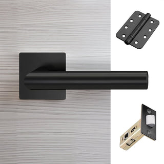 Image: Orlando Door Lever Handle Pack - 3 Radius Cornered Hinges - Matt Black