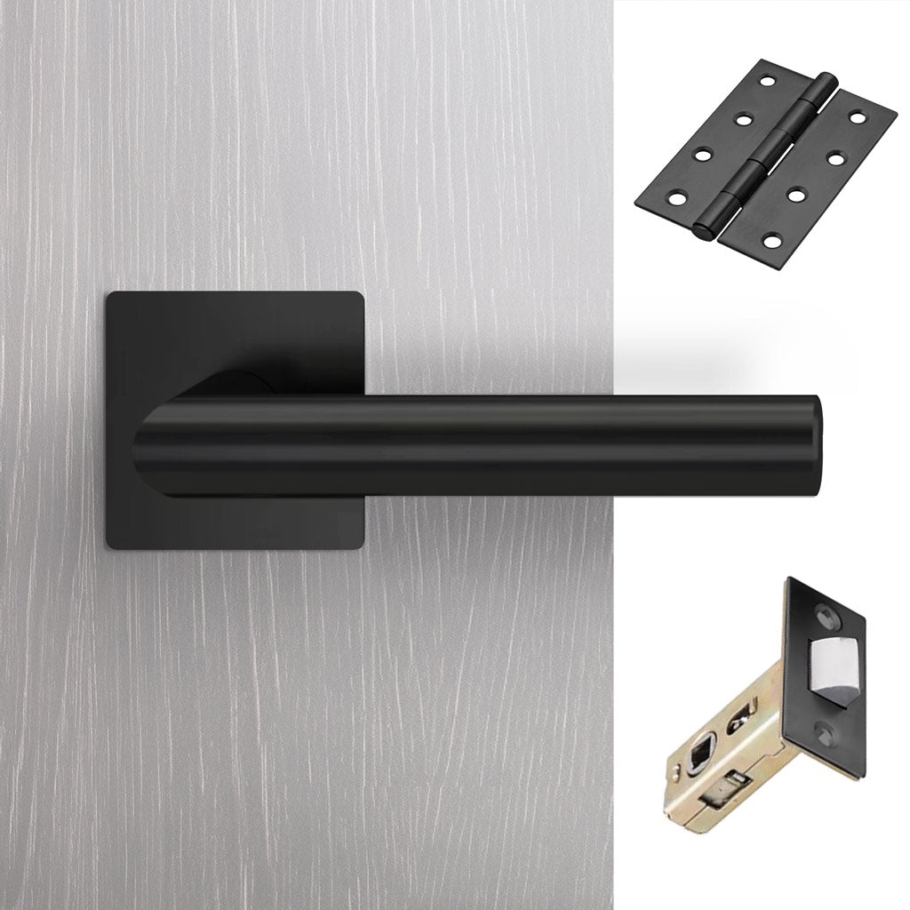 Orlando Door Lever Handle Pack - 3 Square Hinges - Matt Black