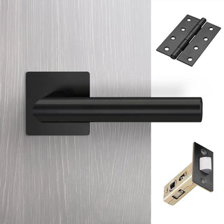 Image: Orlando Door Lever Handle Pack - 3 Square Hinges - Matt Black