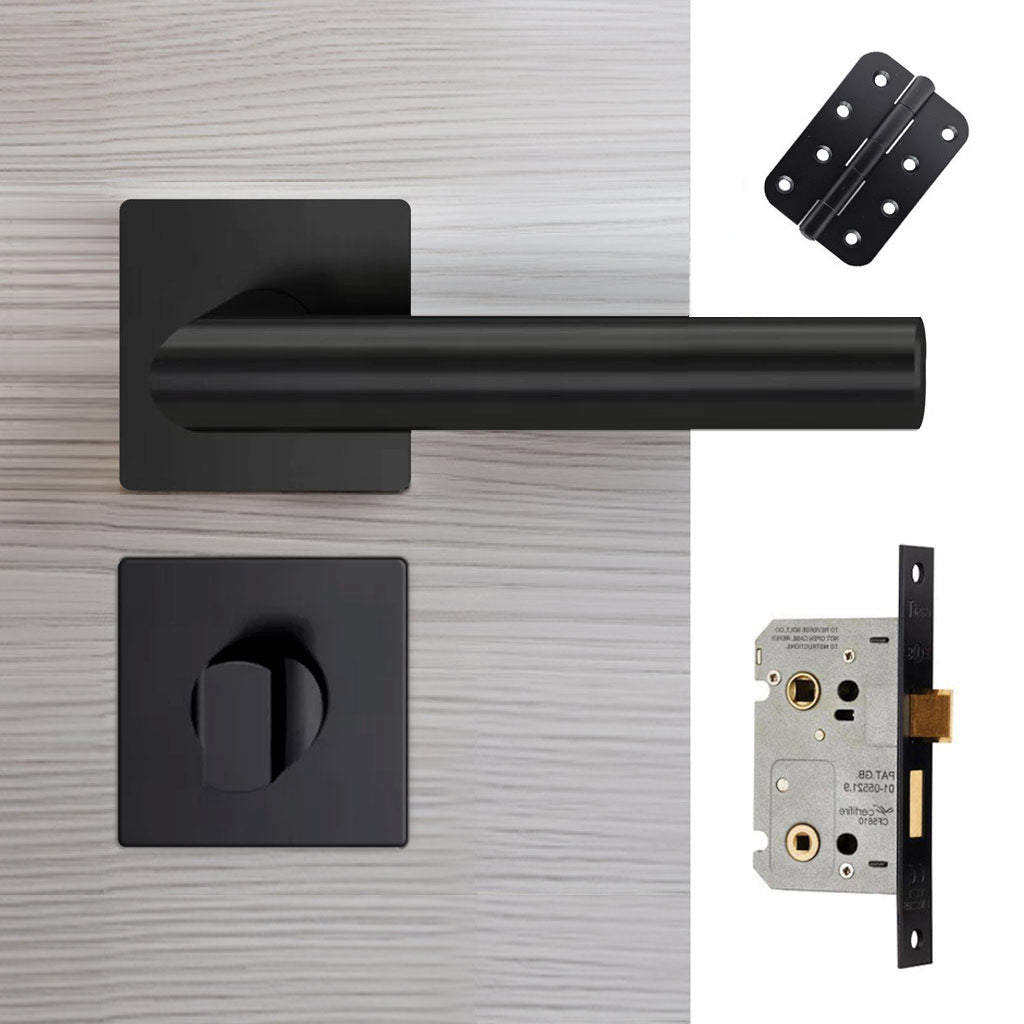 Orlando Door Lever Bathroom Handle Pack - 4 Radius Cornered Hinges - Matt Black